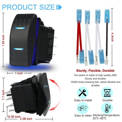 HOKAAER Waterproof Rocker Switch Toggle On-Off-On 12V/20A 24V/10A 7Pin DPDT Blue LED Light - Image 4