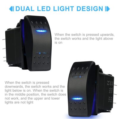 HOKAAER Waterproof Rocker Switch Toggle On-Off-On 12V/20A 24V/10A 7Pin DPDT Blue LED Light - Image 2